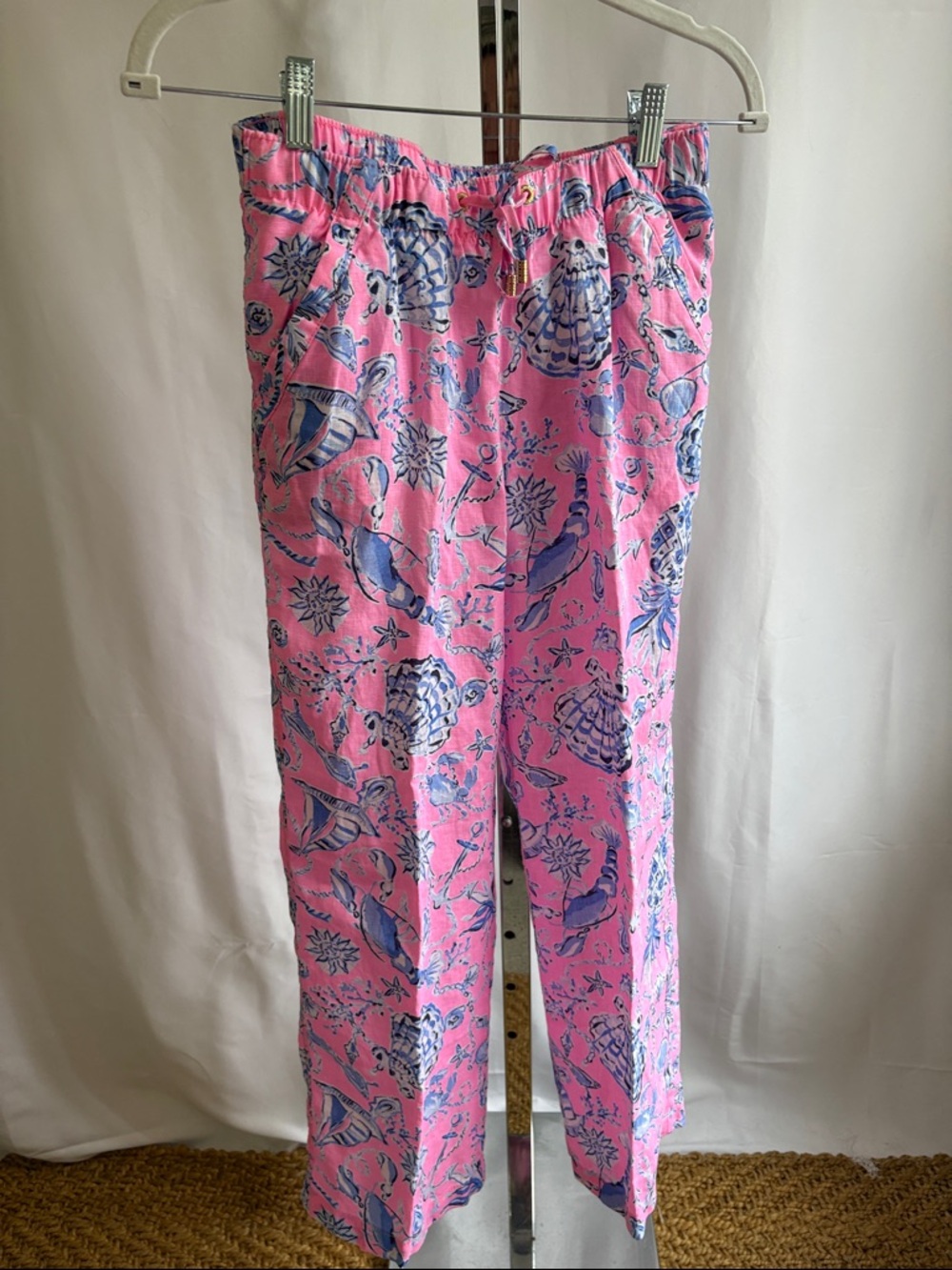 Lilly Pulitzer Pink and Blue Seashell Lagoon Linen Ankle Pants-NEW